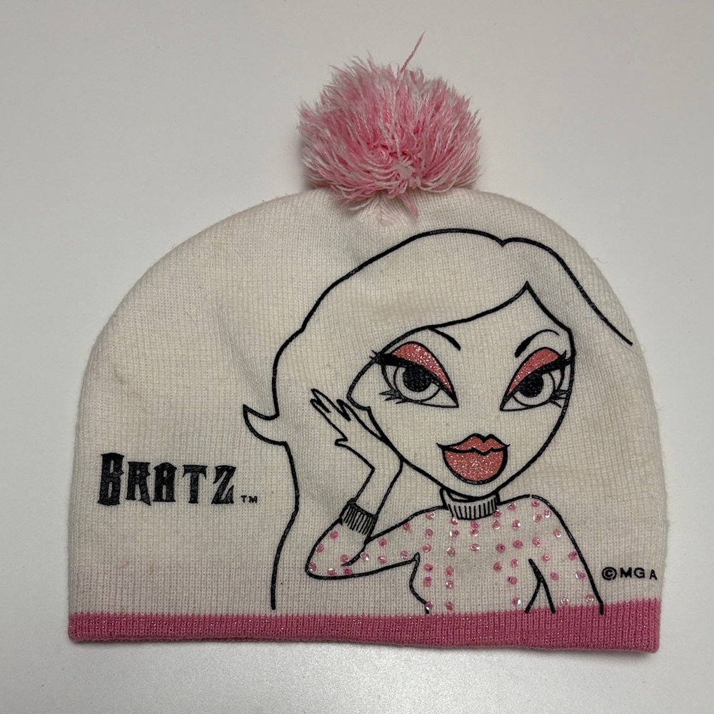 💗 Bratz Pink Pom Beanie, Rhinestone Graphic, Y2K Winter Hat